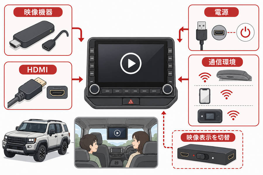 HDMI動画の視聴に映像機器・電源・通信環境が必要なことを示した接続図
