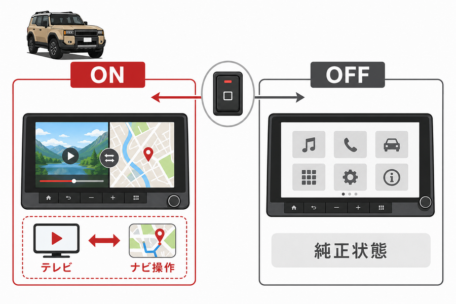 専用スイッチでキャンセラーのONとOFFを切り替える内容を示した比較図