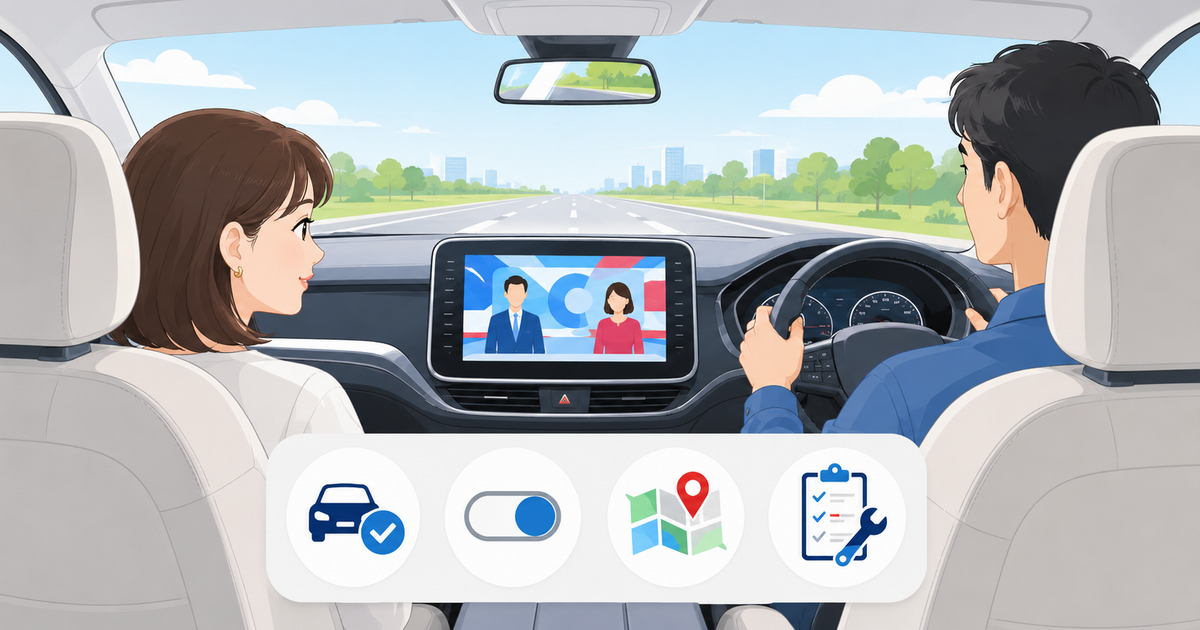 右ハンドル車で運転手が前方を見ながら安全運転し、助手席の同乗者が車載ディスプレイの映像を見ているテレビキャンセラーのイラスト