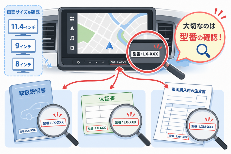 新型フリードのナビ型番を取扱説明書や注文書で確認するイラスト