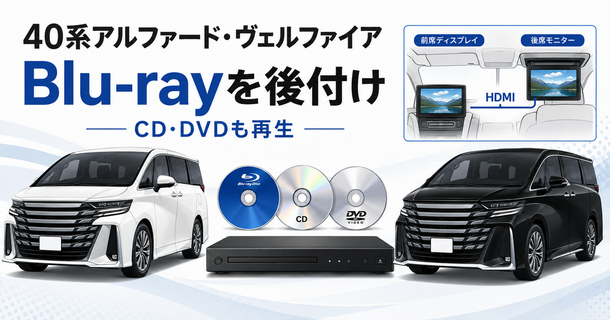 40系アルファード・ヴェルファイアのBlu-rayプレーヤー後付けを示すイラスト