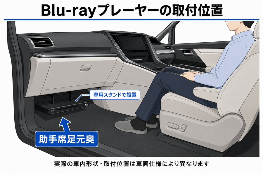 Blu-rayプレーヤーを助手席足元奥へ設置する位置を示した図