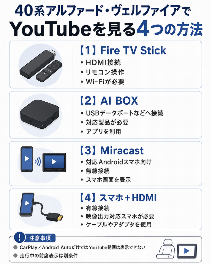 40系アルファード・ヴェルファイアでYouTubeを見る4つの方法の比較図