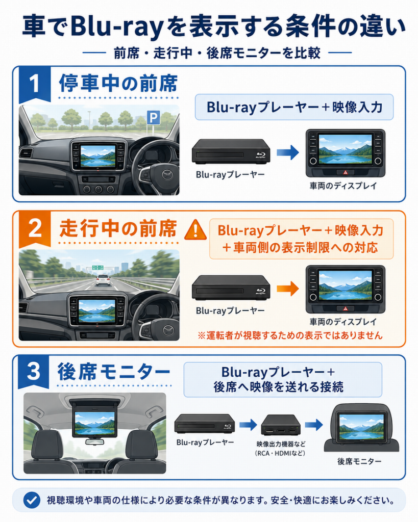 前席停車中・前席走行中・後席モニターで必要条件が異なることを示した比較図