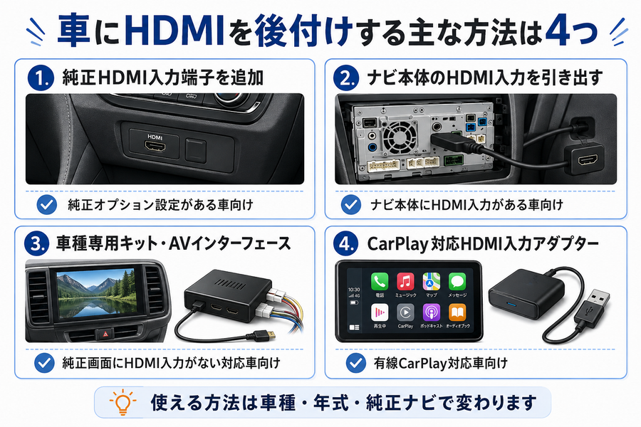 車にHDMIを後付けする4つの方法の比較図