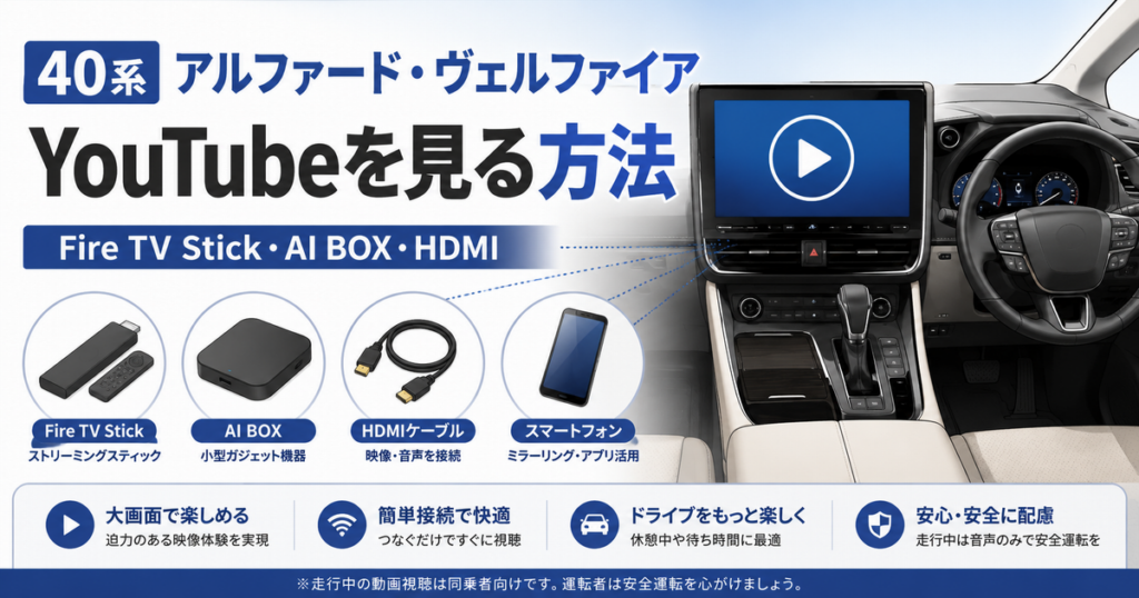 40系アルファード・ヴェルファイアでYouTubeを見る方法を比較したアイキャッチ画像