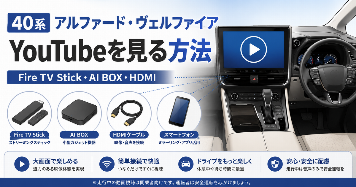 40系アルファード・ヴェルファイアでYouTubeを見る方法を比較したアイキャッチ画像