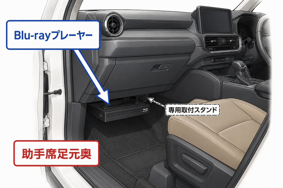 ランクル250の助手席足元奥にBlu-rayプレーヤーを取り付ける位置を示した図