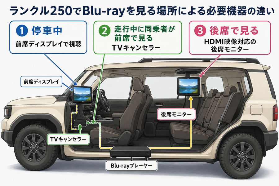 ランクル250でBlu-rayを前席や後席で見る場合に必要な機器を示した図