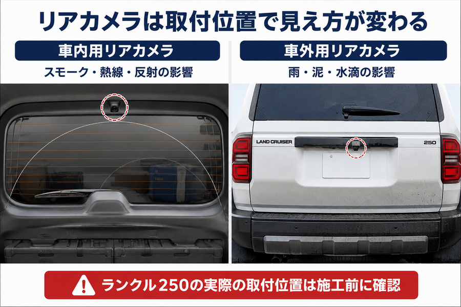 ランクル250の車内用リアカメラと車外用リアカメラの取付位置と影響の違い
