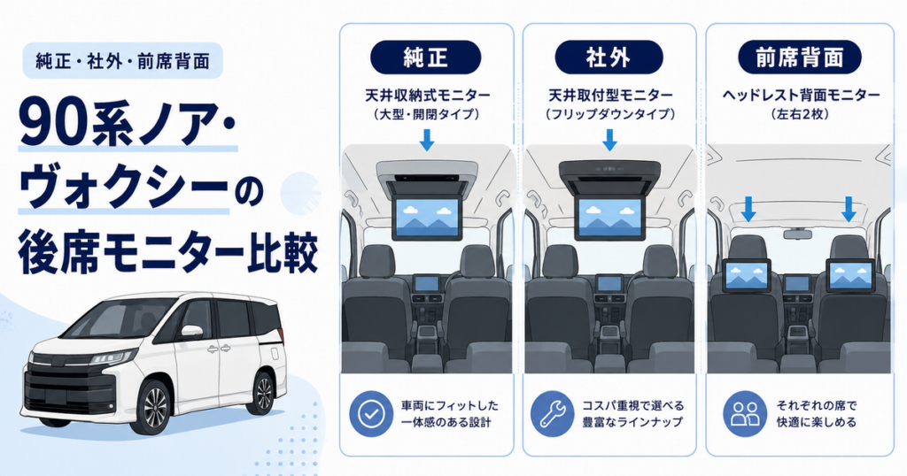90系ノア・ヴォクシーの純正後席ディスプレイ、社外フリップダウンモニター、SumaMoniLiteの比較
