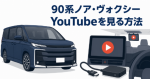 90系ノア・ヴォクシーをイメージしたミニバンと車内ディスプレイでYouTube視聴を表したイラスト