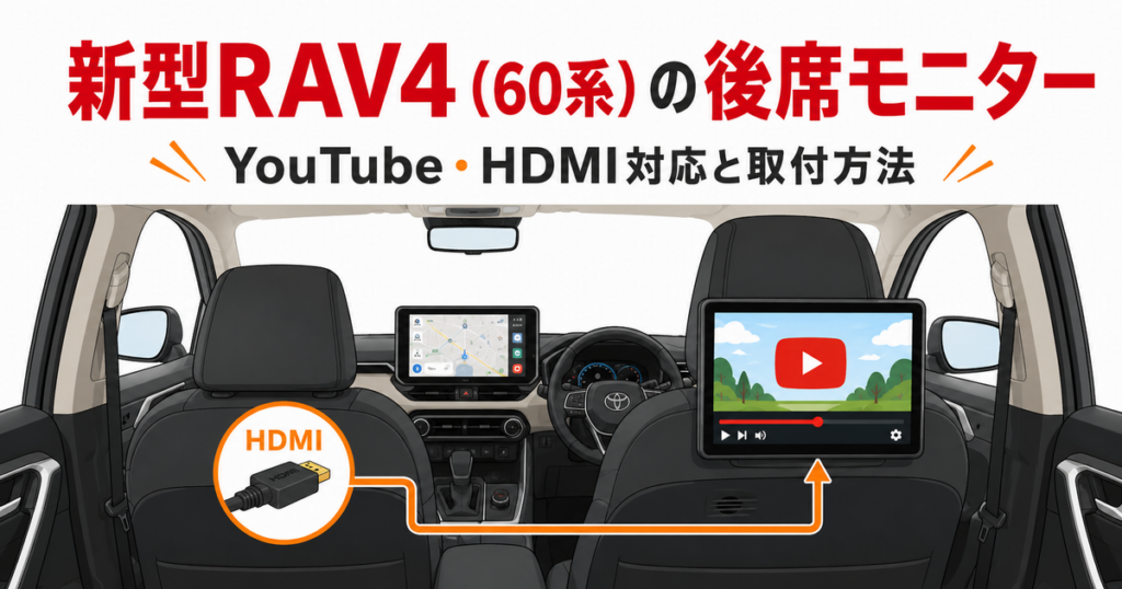 新型RAV4（60系）の後席モニターとYouTube・HDMI対応を説明するアイキャッチ画像