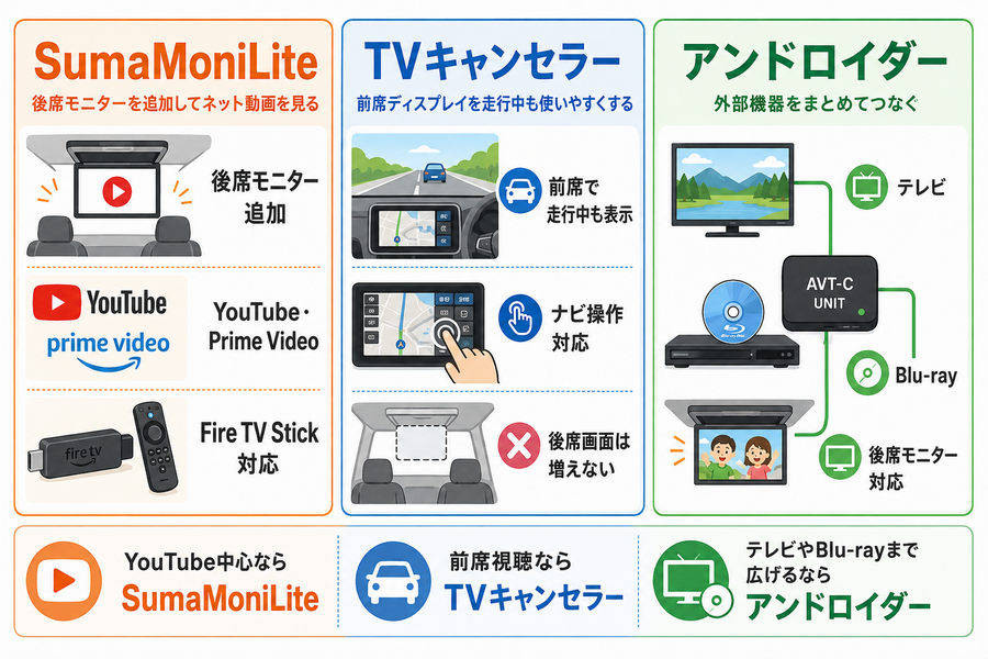 SumaMoniLite・TVキャンセラー・アンドロイダーの違いを比較した図