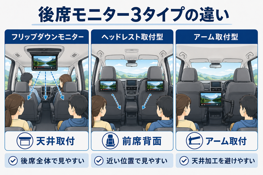 フリップダウン・ヘッドレスト・アーム取付型の後席モニター3タイプ比較