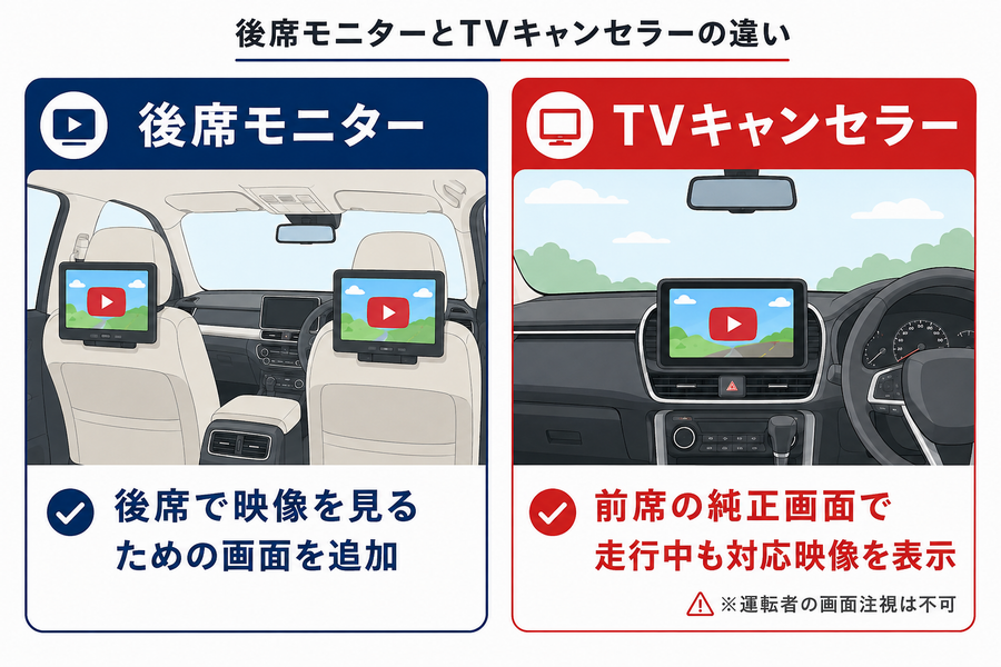 後席モニターとTVキャンセラーの役割の違いを示した比較図