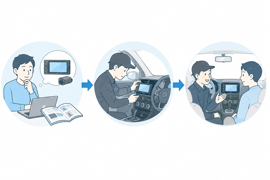 商品選びから取り付け、取付後の相談までの流れを示したイメージ