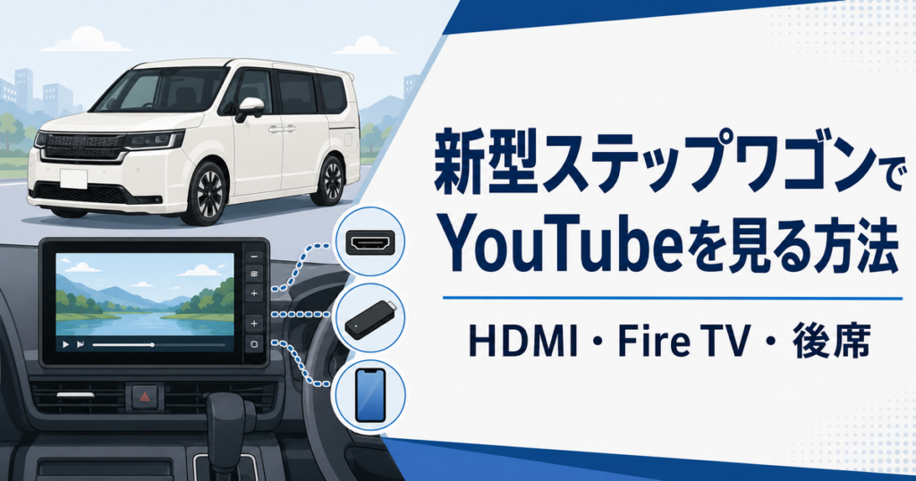 新型ステップワゴンでYouTubeを見る方法をHDMIやストリーミング機器とともに示したイラスト